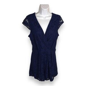 MEDIUM DINA B BLUE LACE ROMPER EVENT PARTY SHORT SLEEVE VNECK STRETCH LINED